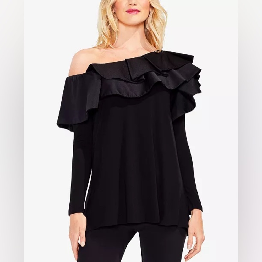 NWT: Vince Camuto Black Asymmetric-Shoulder Ruffled Top | Size XS